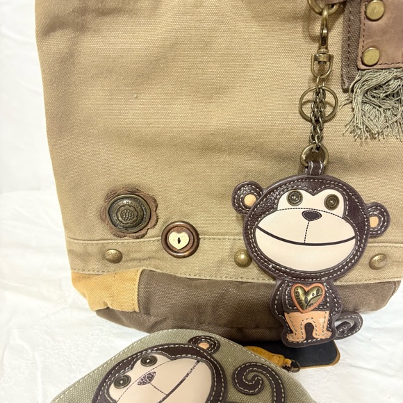 Chala Patch Crossbody Handbag in olive green canvas with a monkey charm - Picture 4 of 11